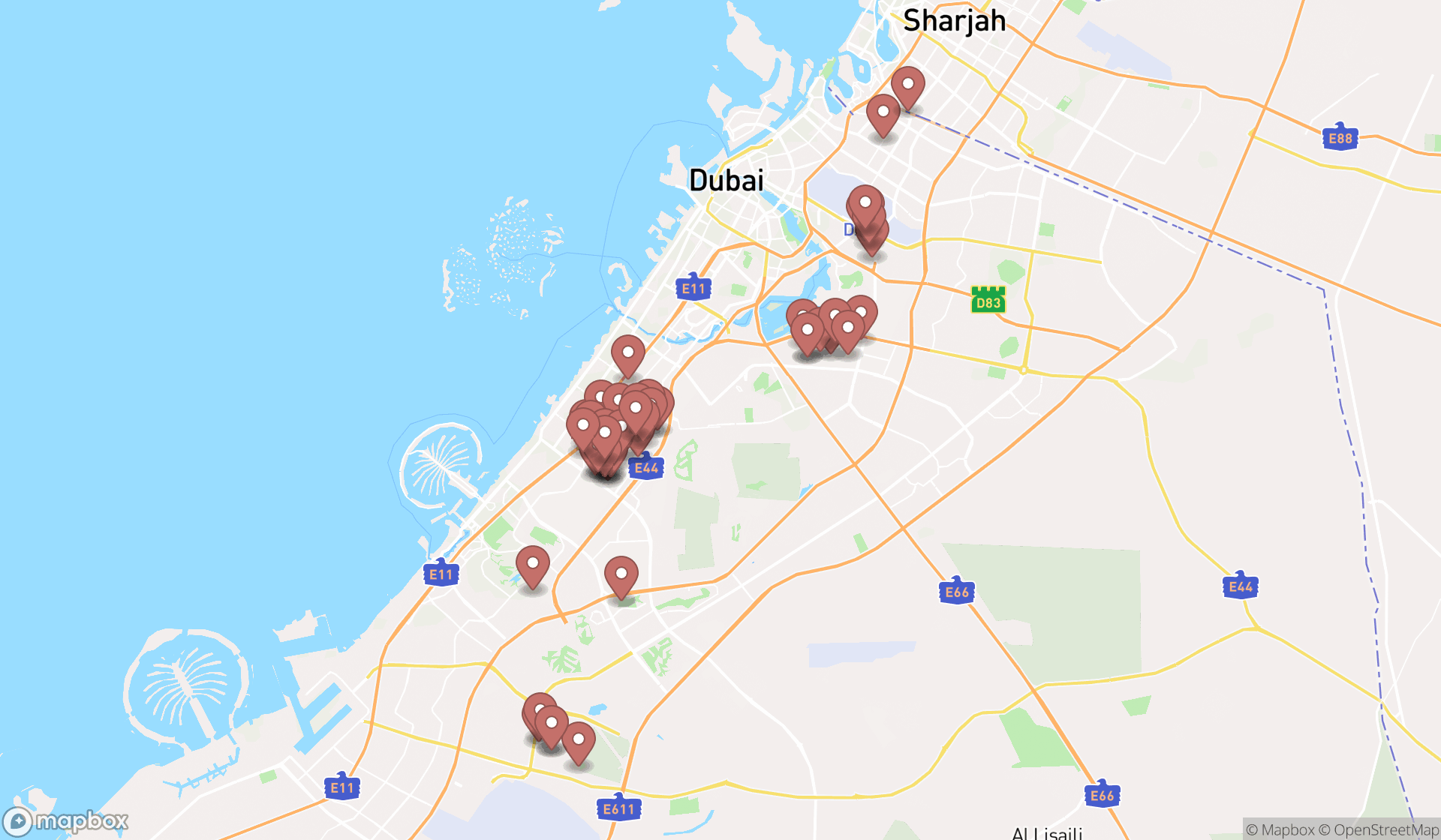 Map showing the search results in Dubai