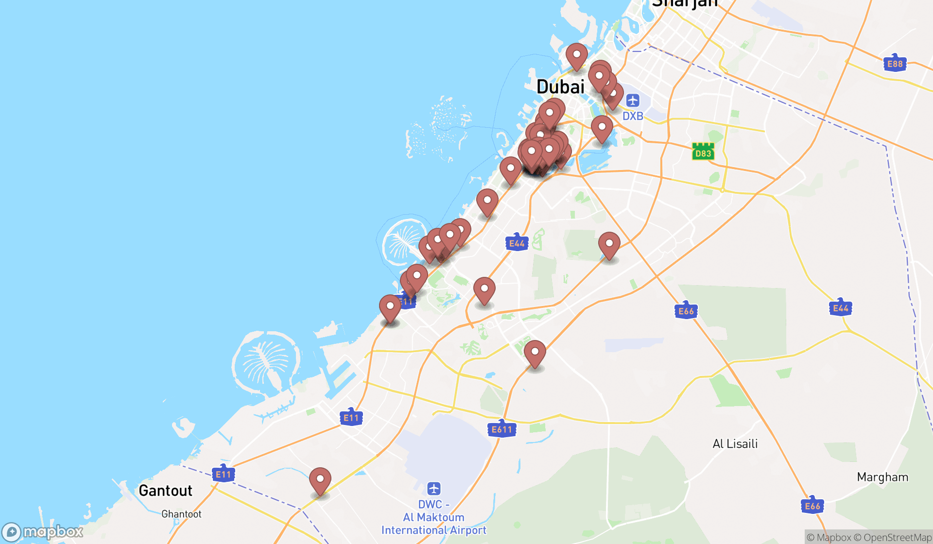 Map showing the search results in Dubai