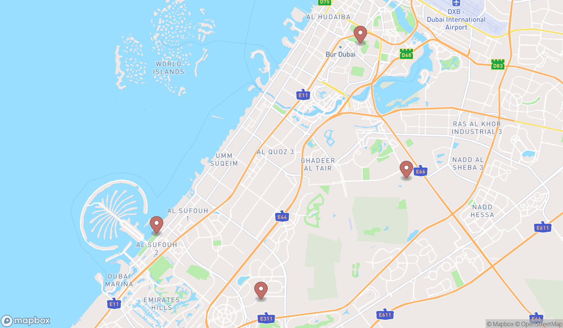 Map showing the search results in Dubai