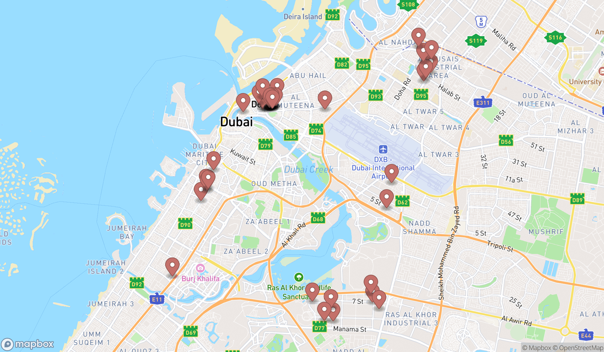 Map showing the search results in Dubai