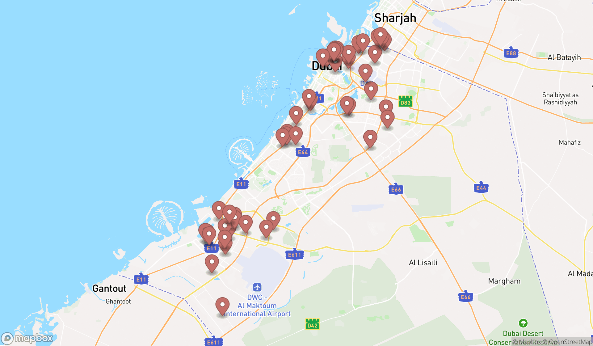 Map showing the search results in Dubai