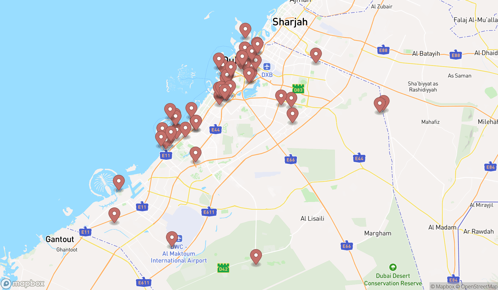 Map showing the search results in Dubai