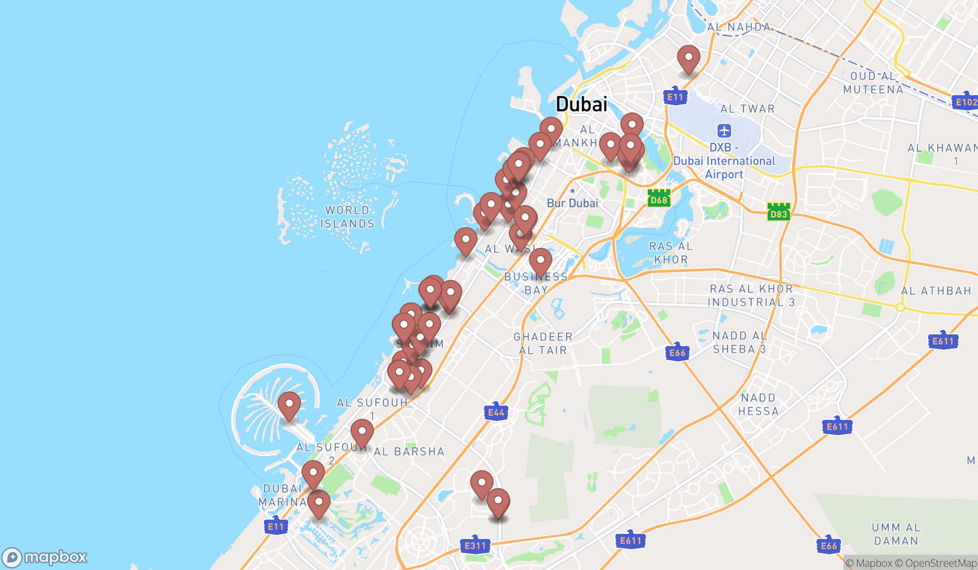 Map showing the search results in Dubai