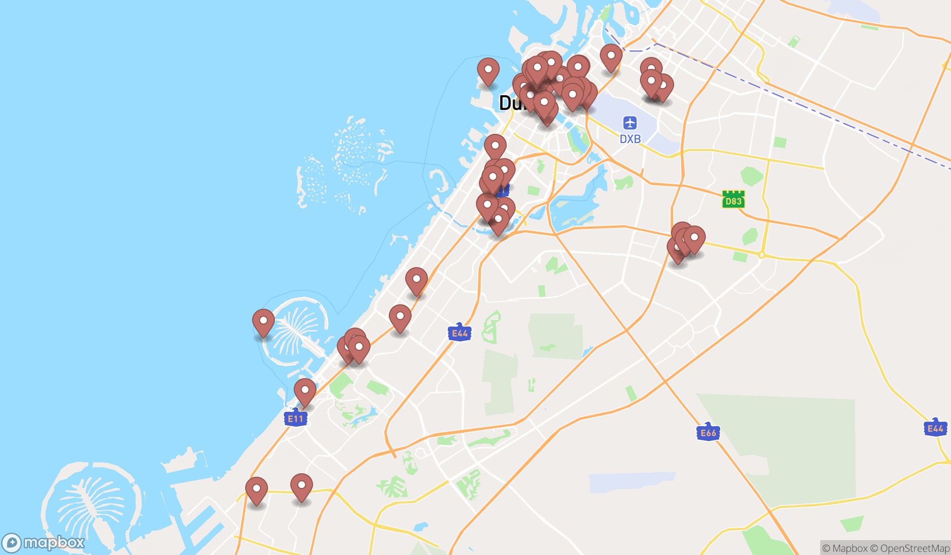 Map showing the search results in Dubai