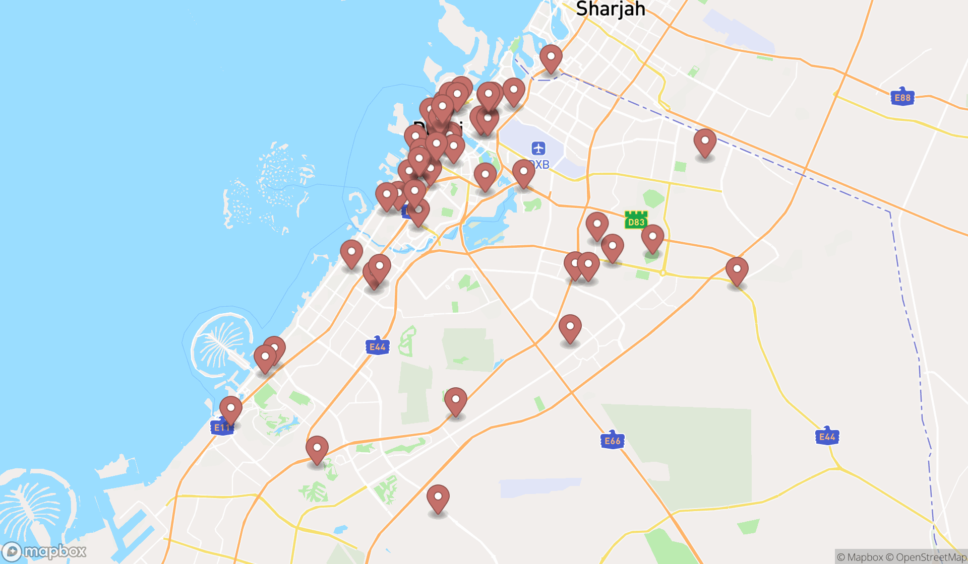 Map showing the search results in Dubai