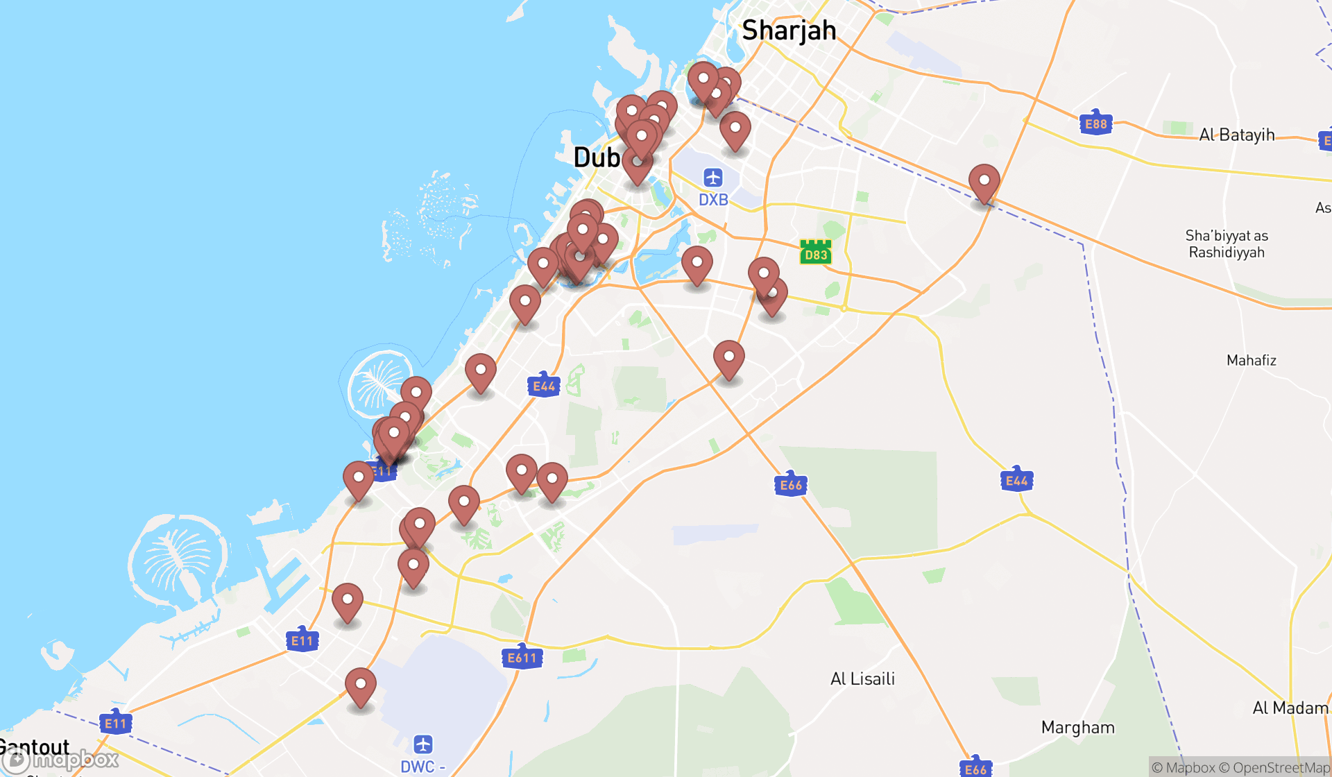 Map showing the search results in Dubai