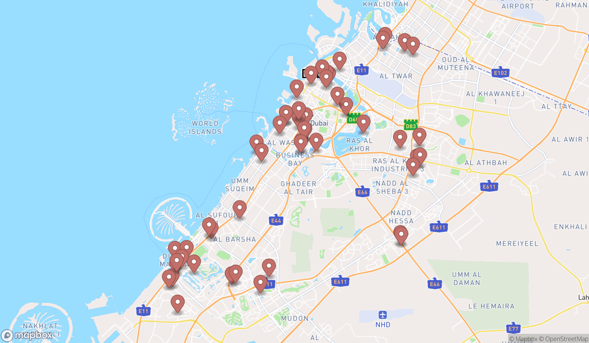 Map showing the search results in Dubai