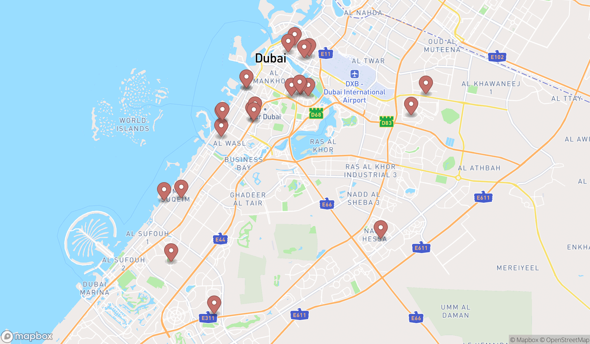 Map showing the search results in Dubai