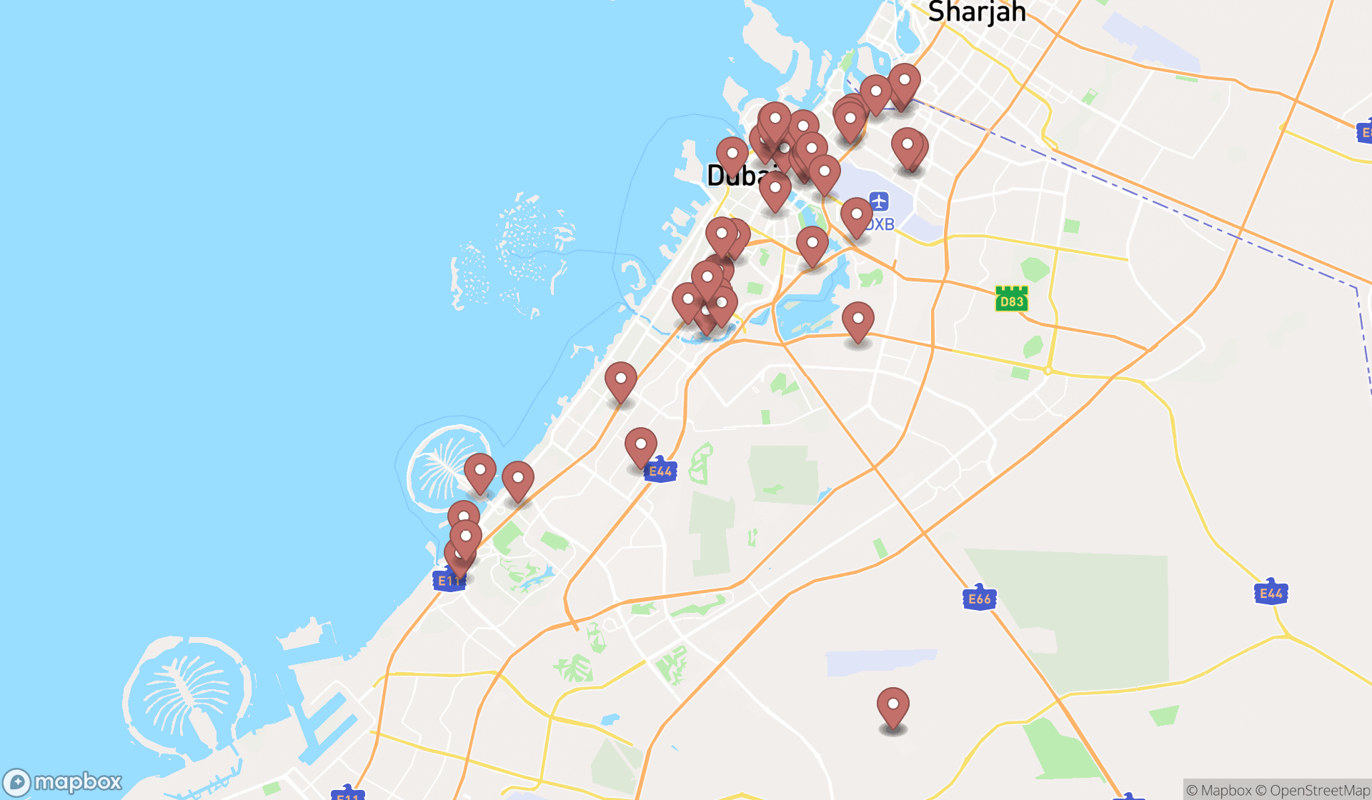 Map showing the search results in Dubai