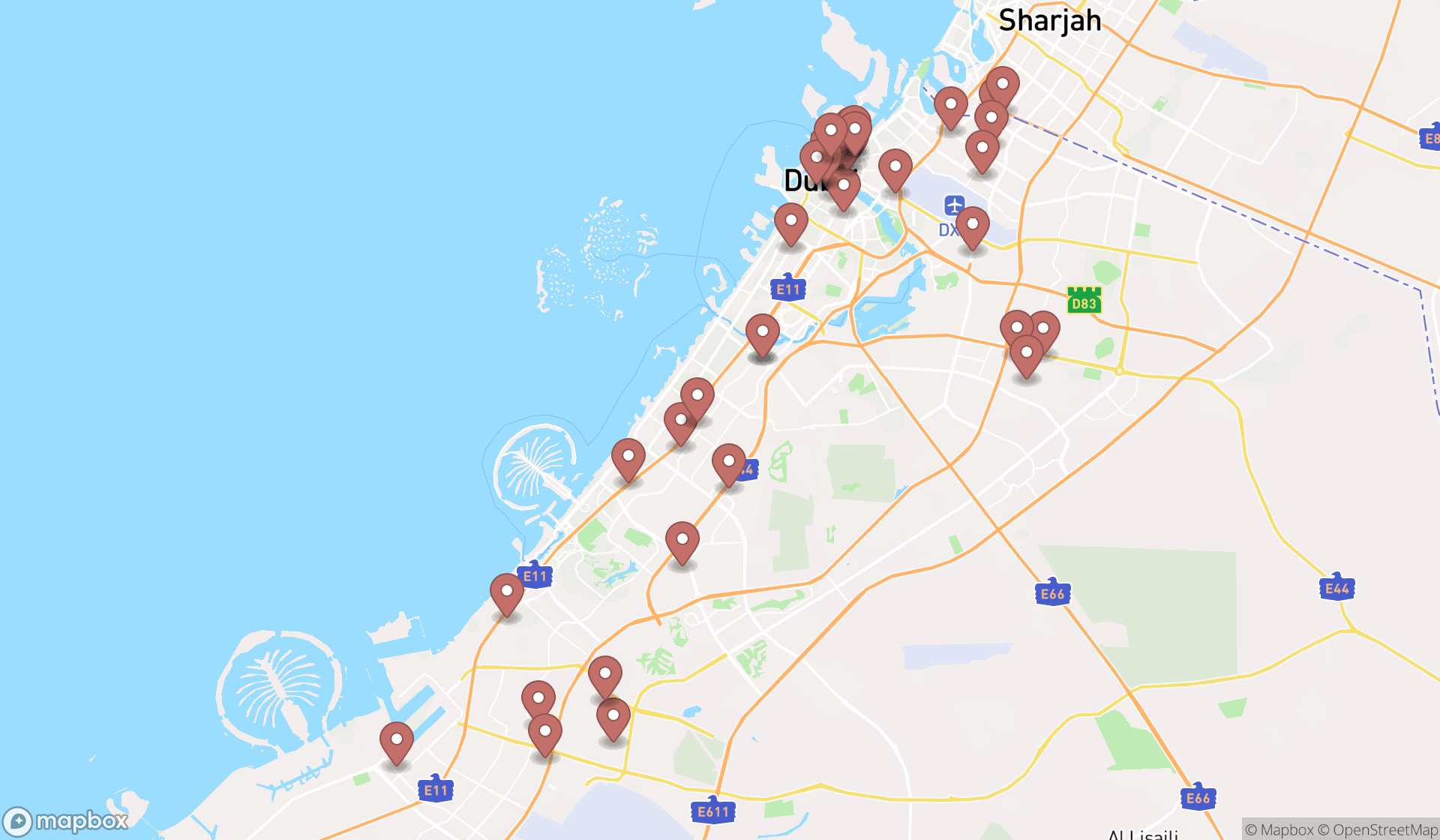 Map showing the search results in Dubai