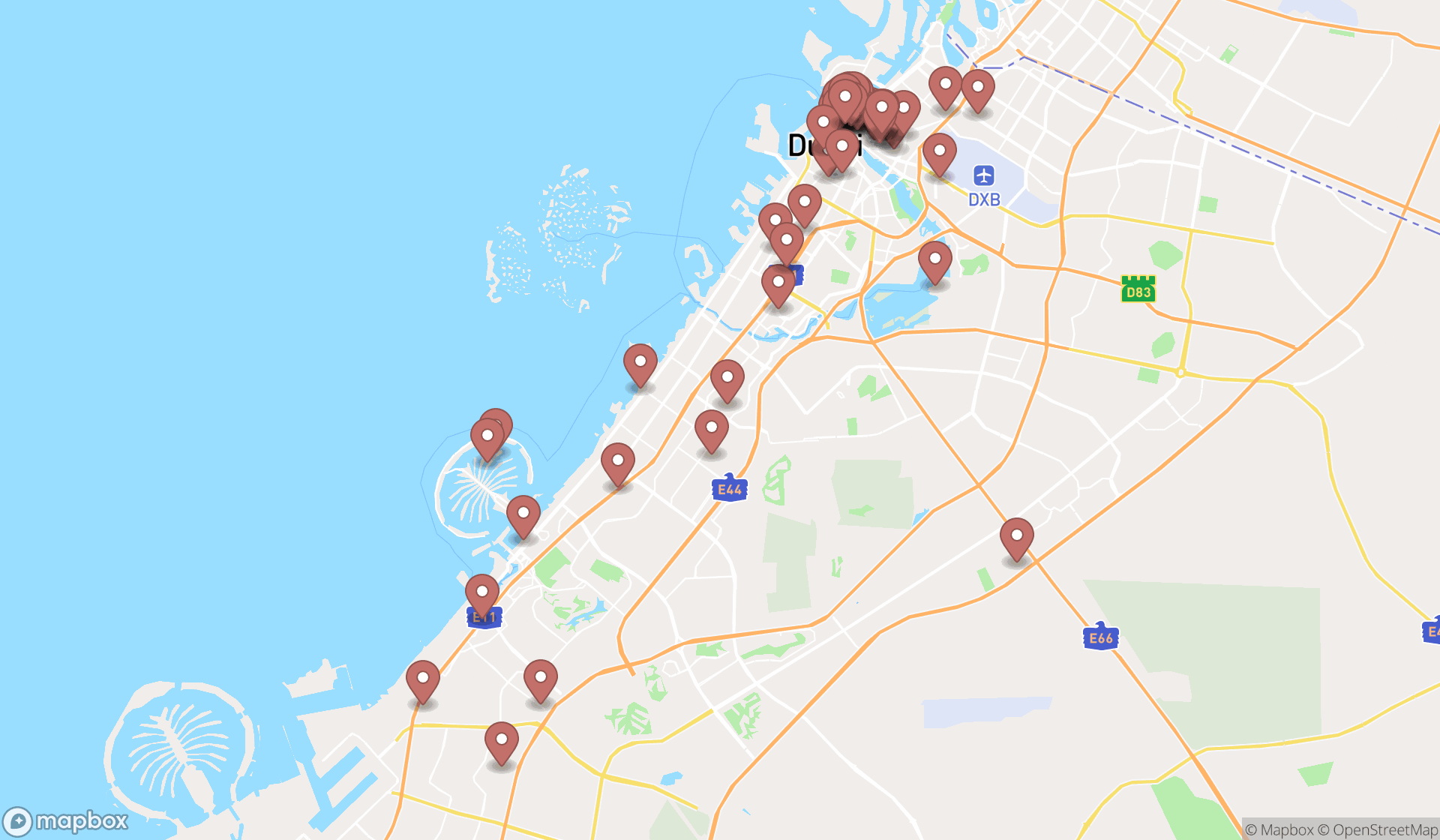Map showing the search results in Dubai