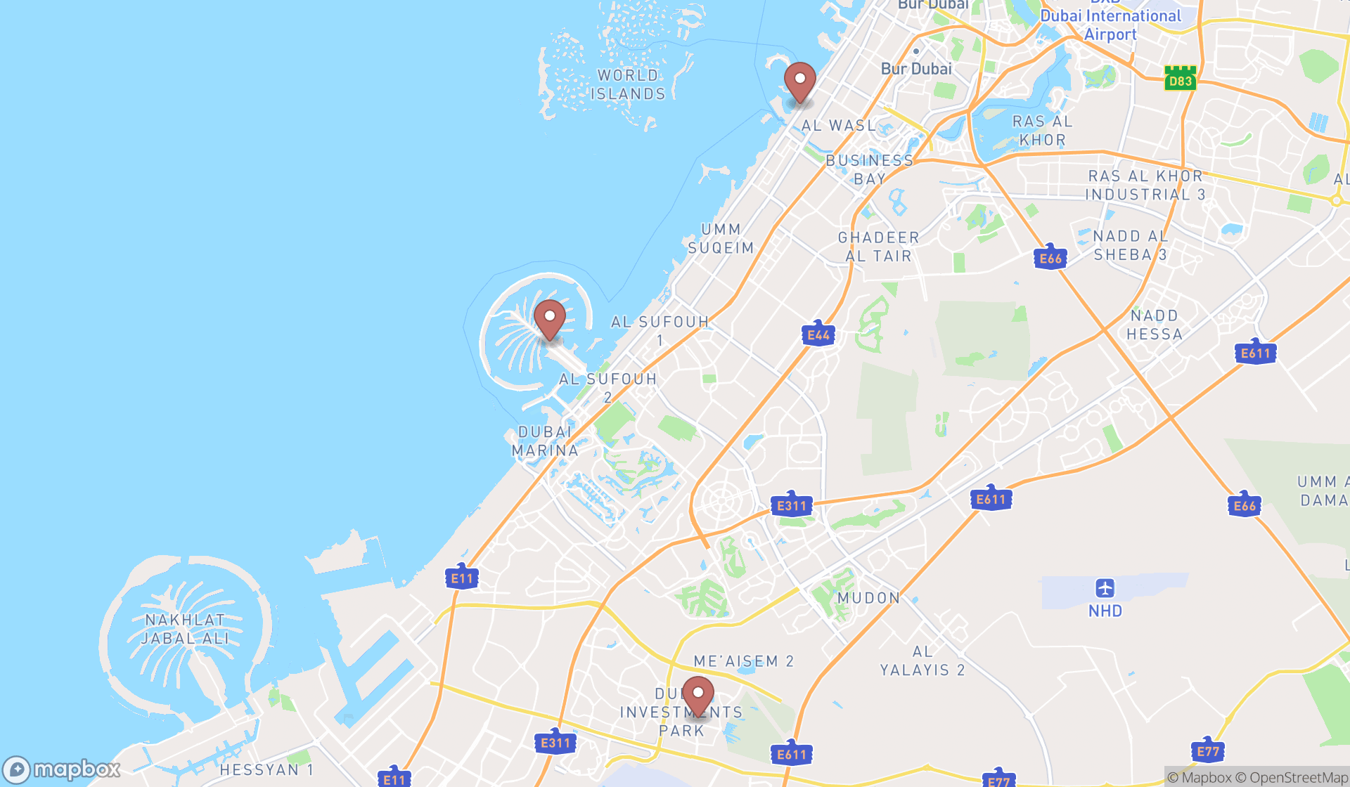 Map showing the search results in Dubai