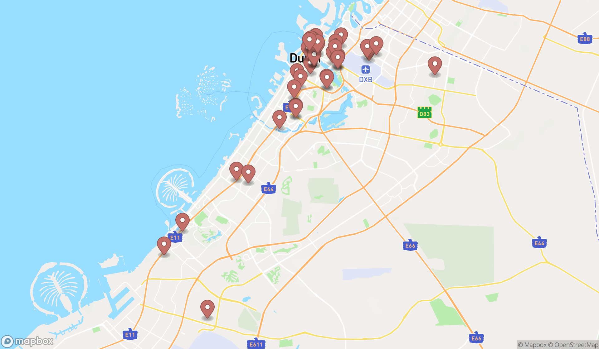 Map showing the search results in Dubai