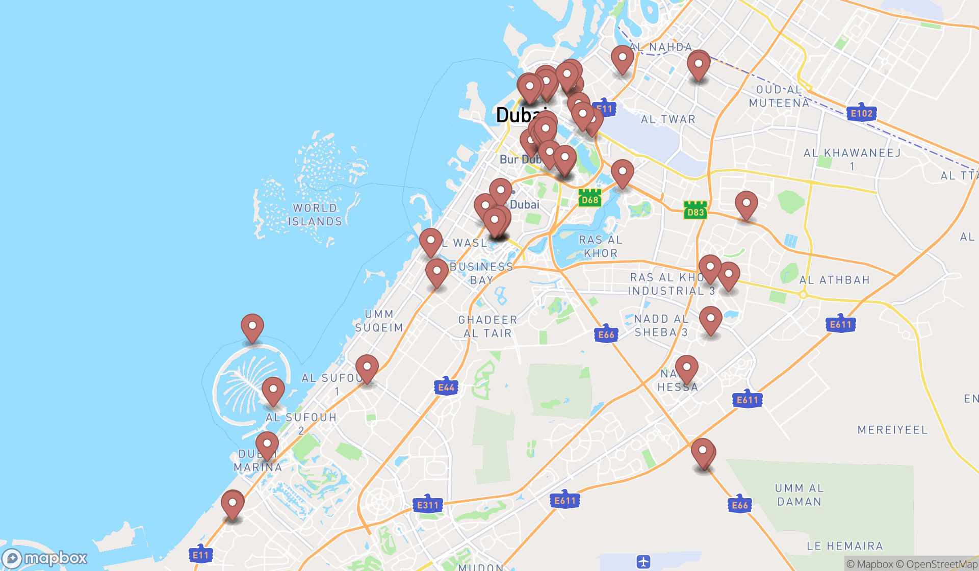 Map showing the search results in Dubai
