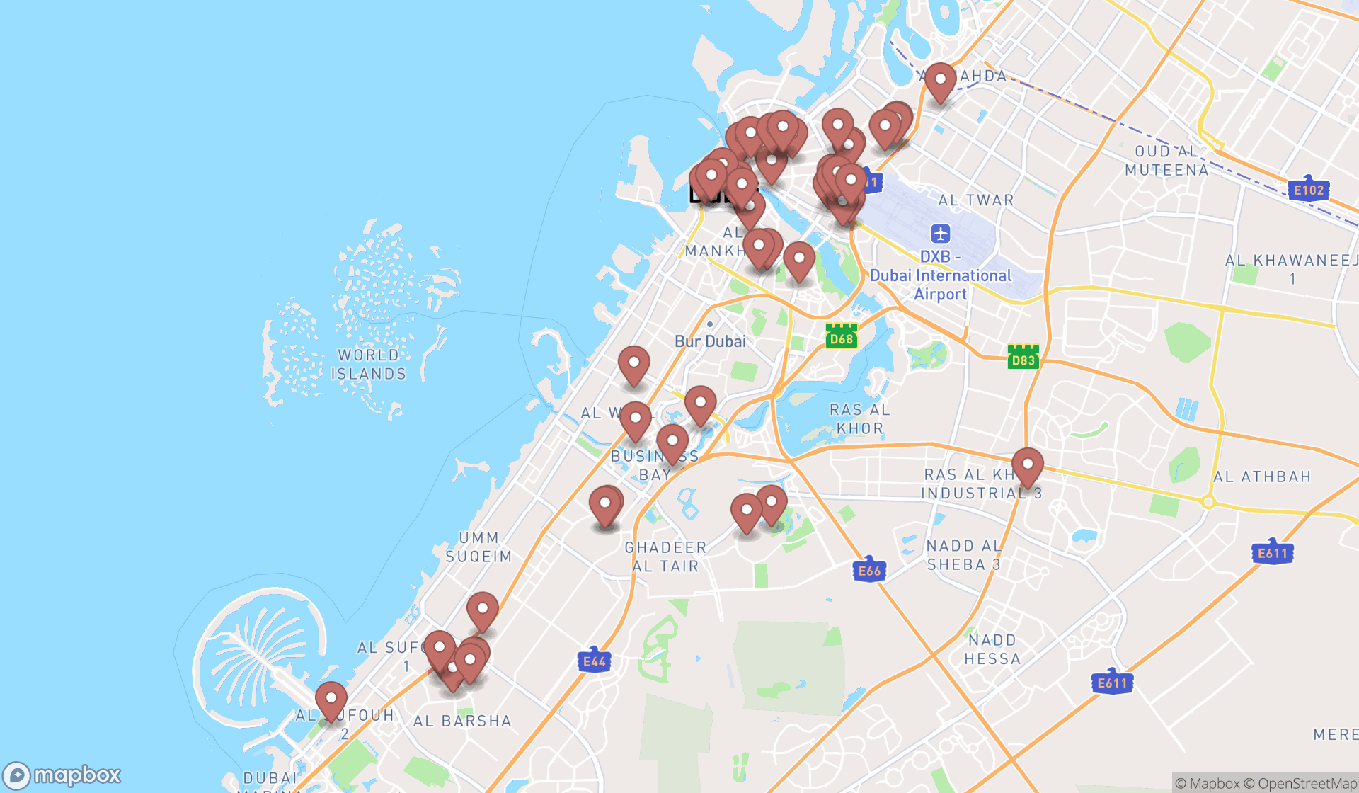 Map showing the search results in Dubai
