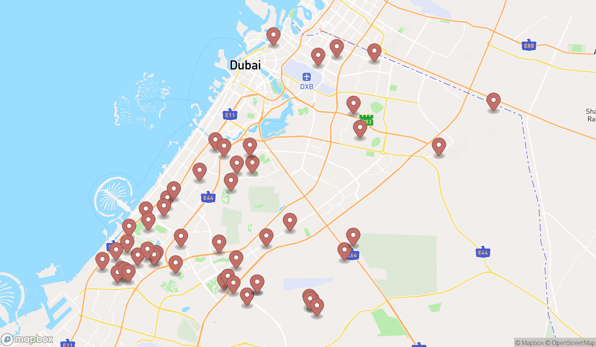 Map showing the search results in Dubai