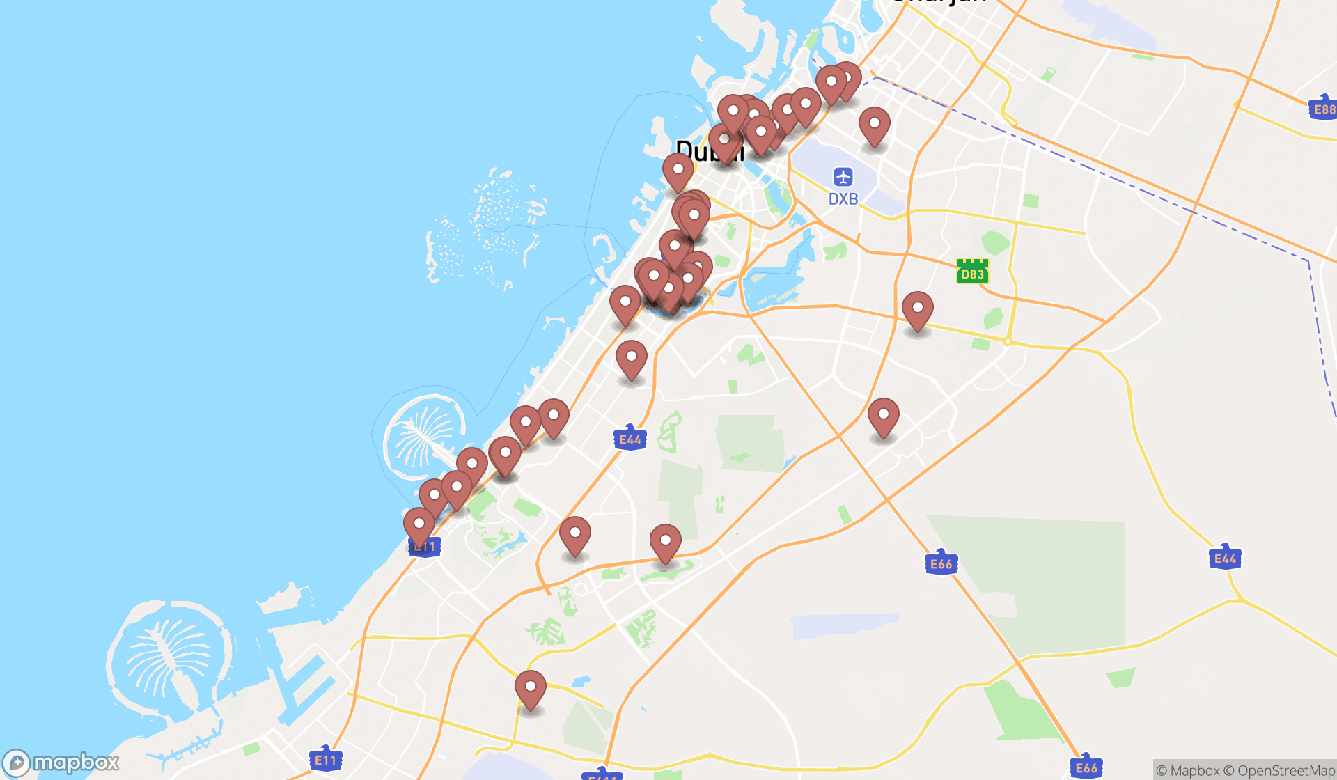 Map showing the search results in Dubai