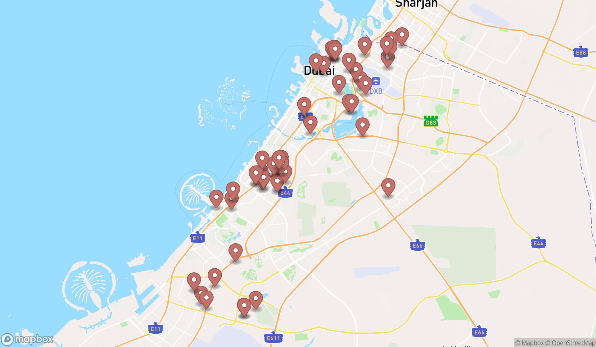 Map showing the search results in Dubai