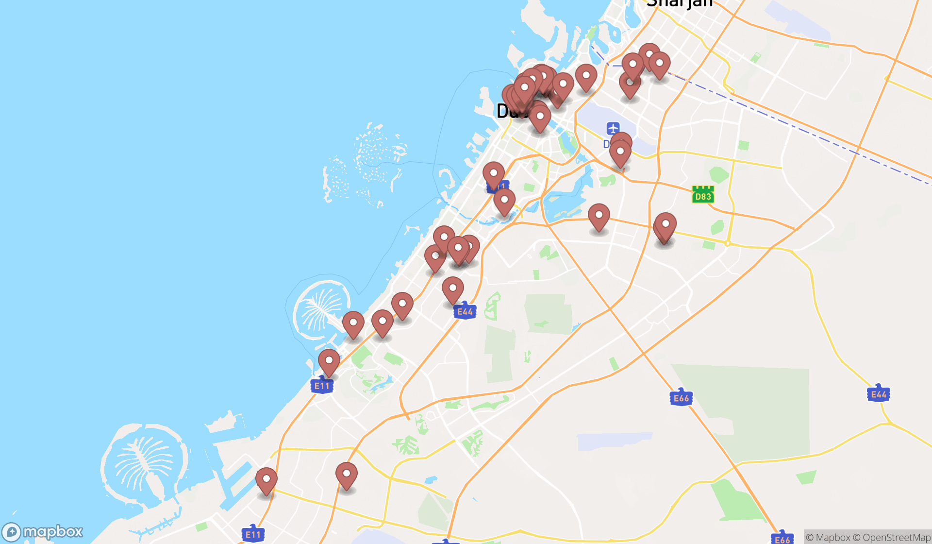 Map showing the search results in Dubai