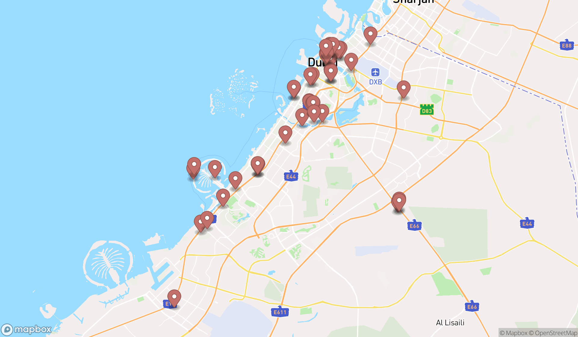Map showing the search results in Dubai