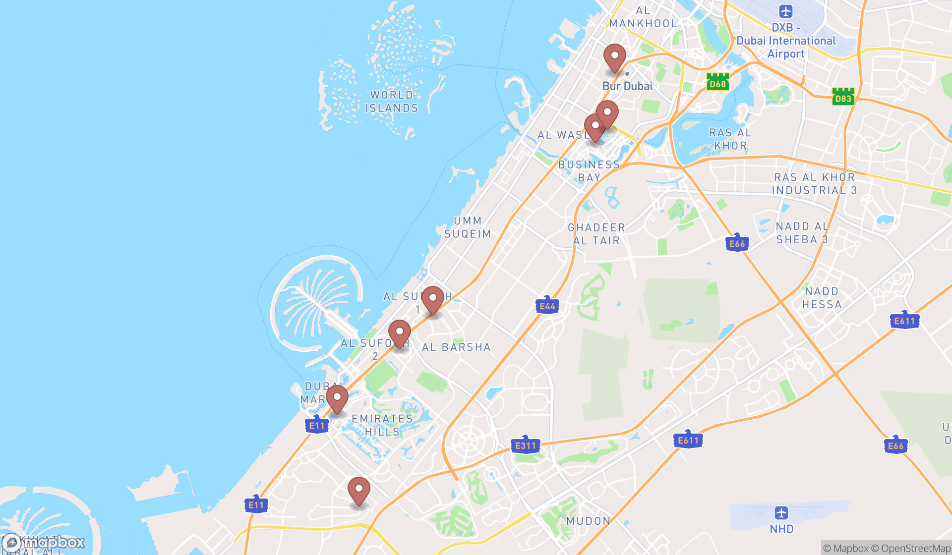 Map showing the search results in Dubai