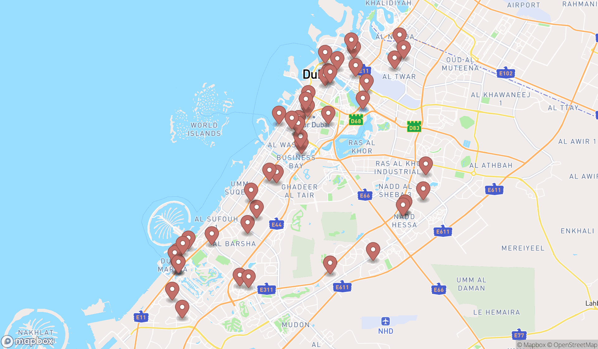 Map showing the search results in Dubai