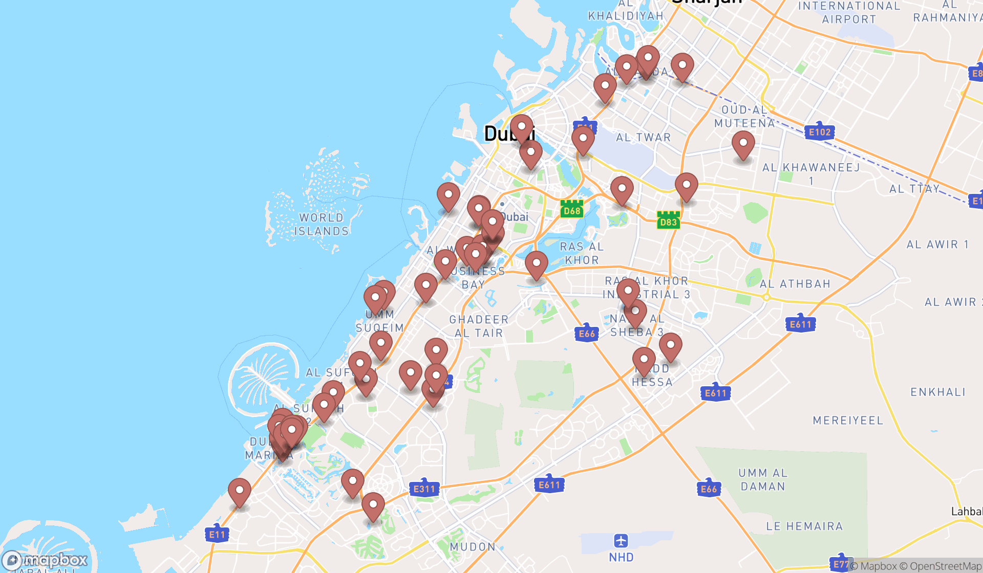 Map showing the search results in Dubai