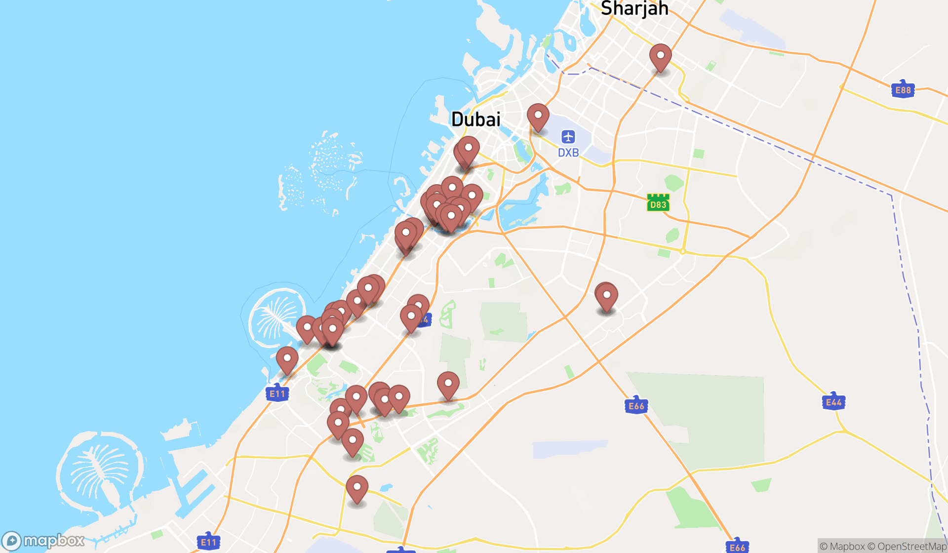Map showing the search results in Dubai