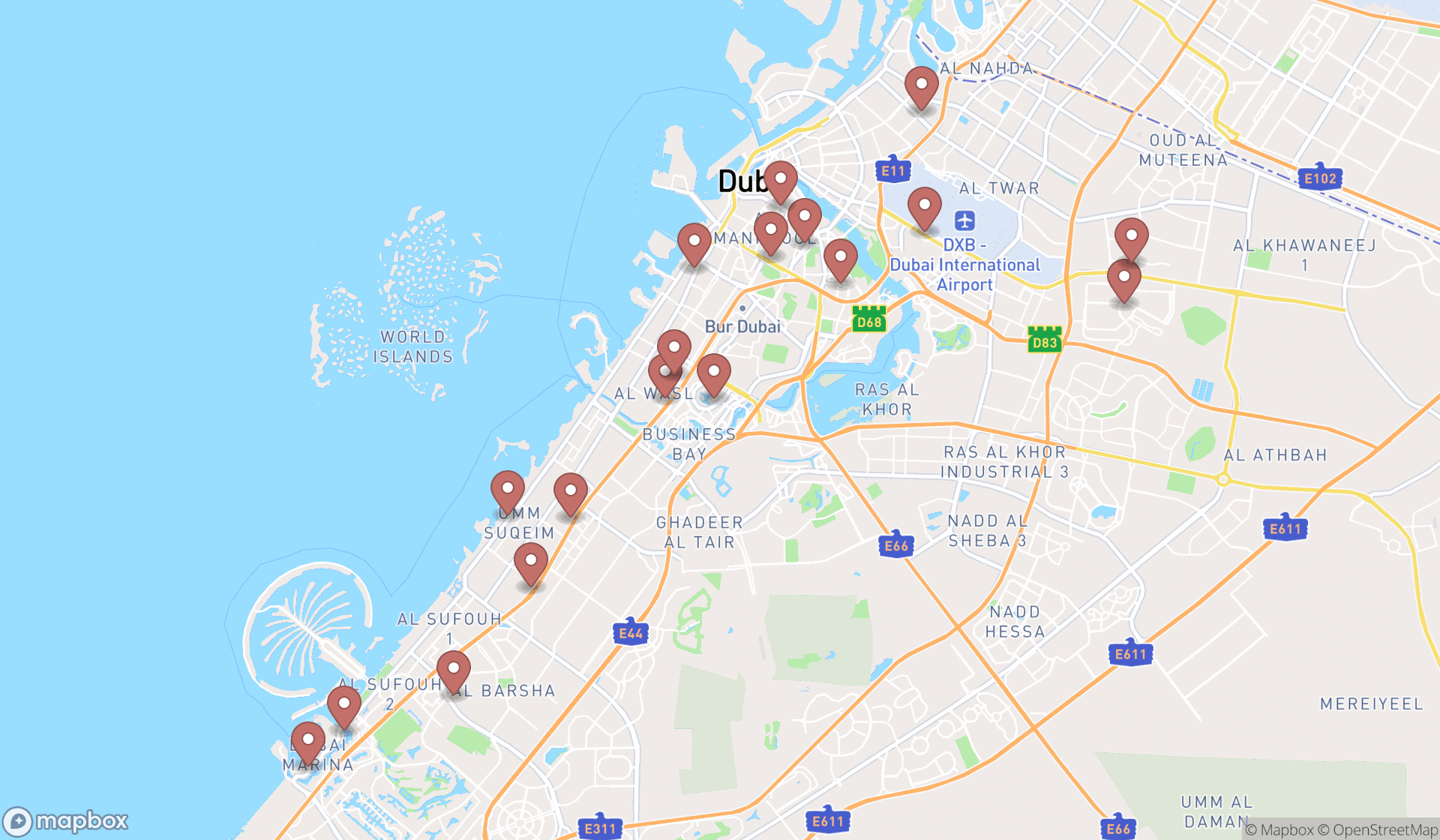 Map showing the search results in Dubai