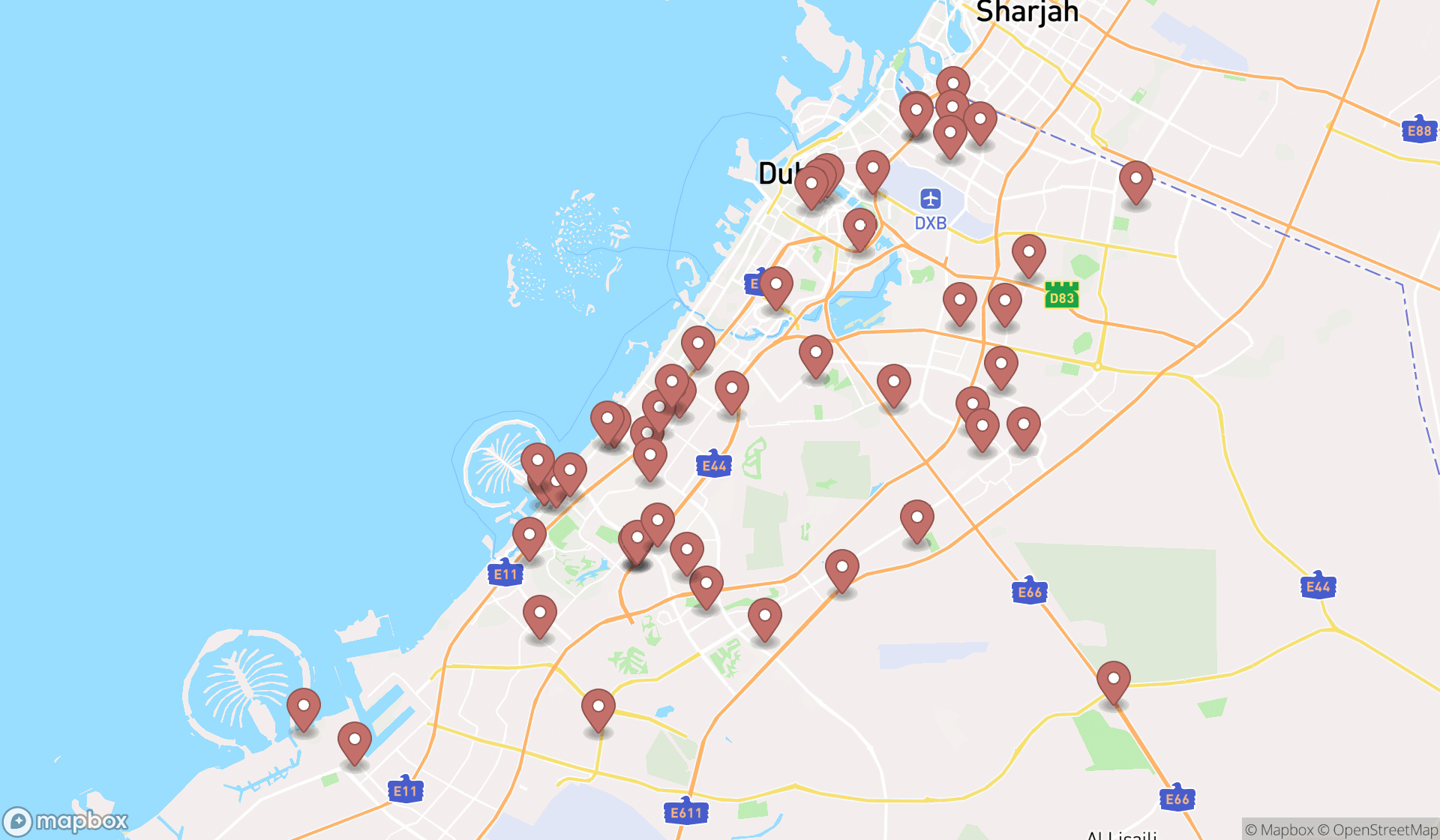 Map showing the search results in Dubai