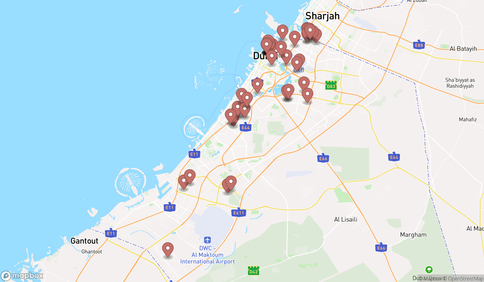 Map showing the search results in Dubai