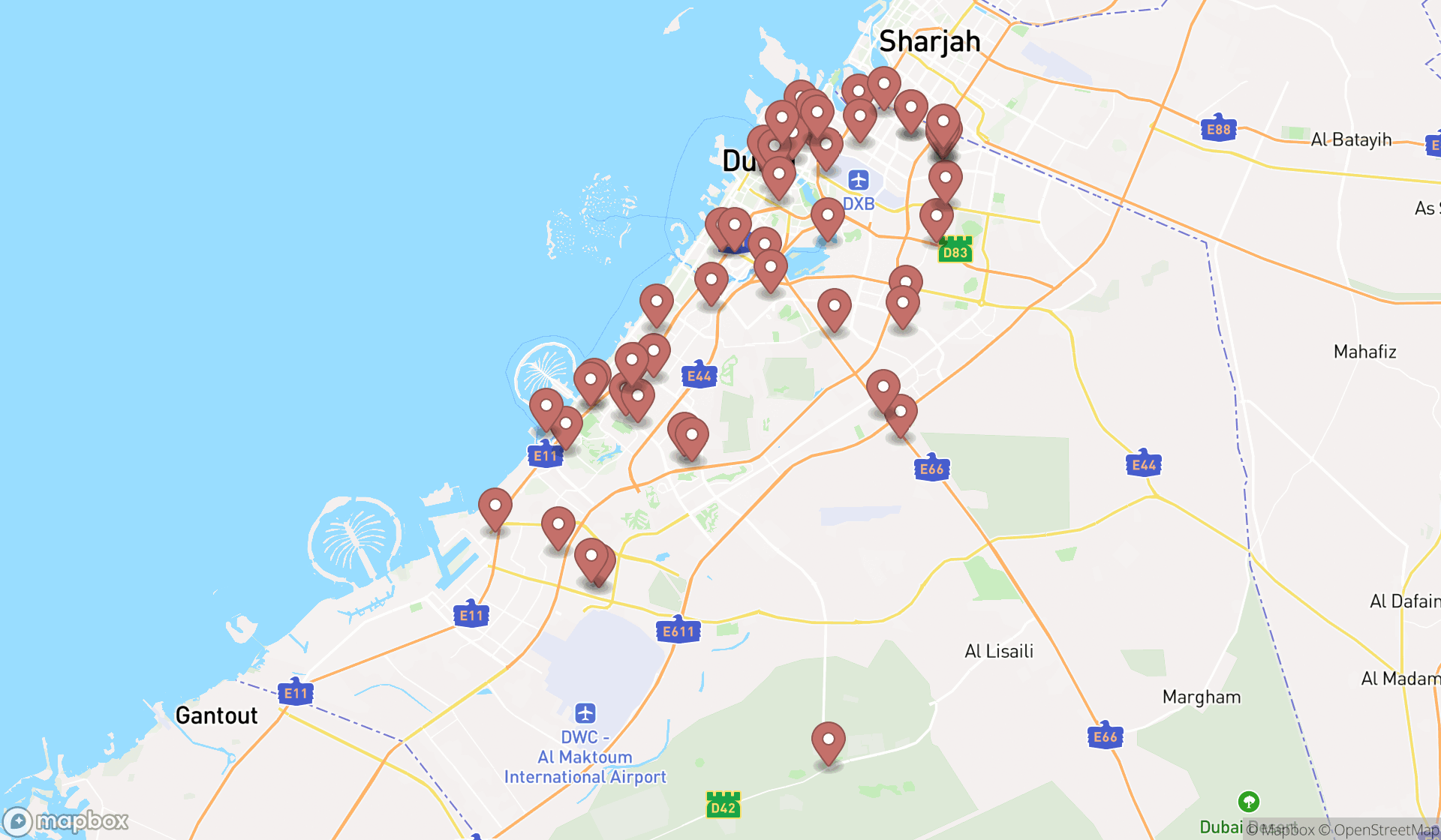 Map showing the search results in Dubai