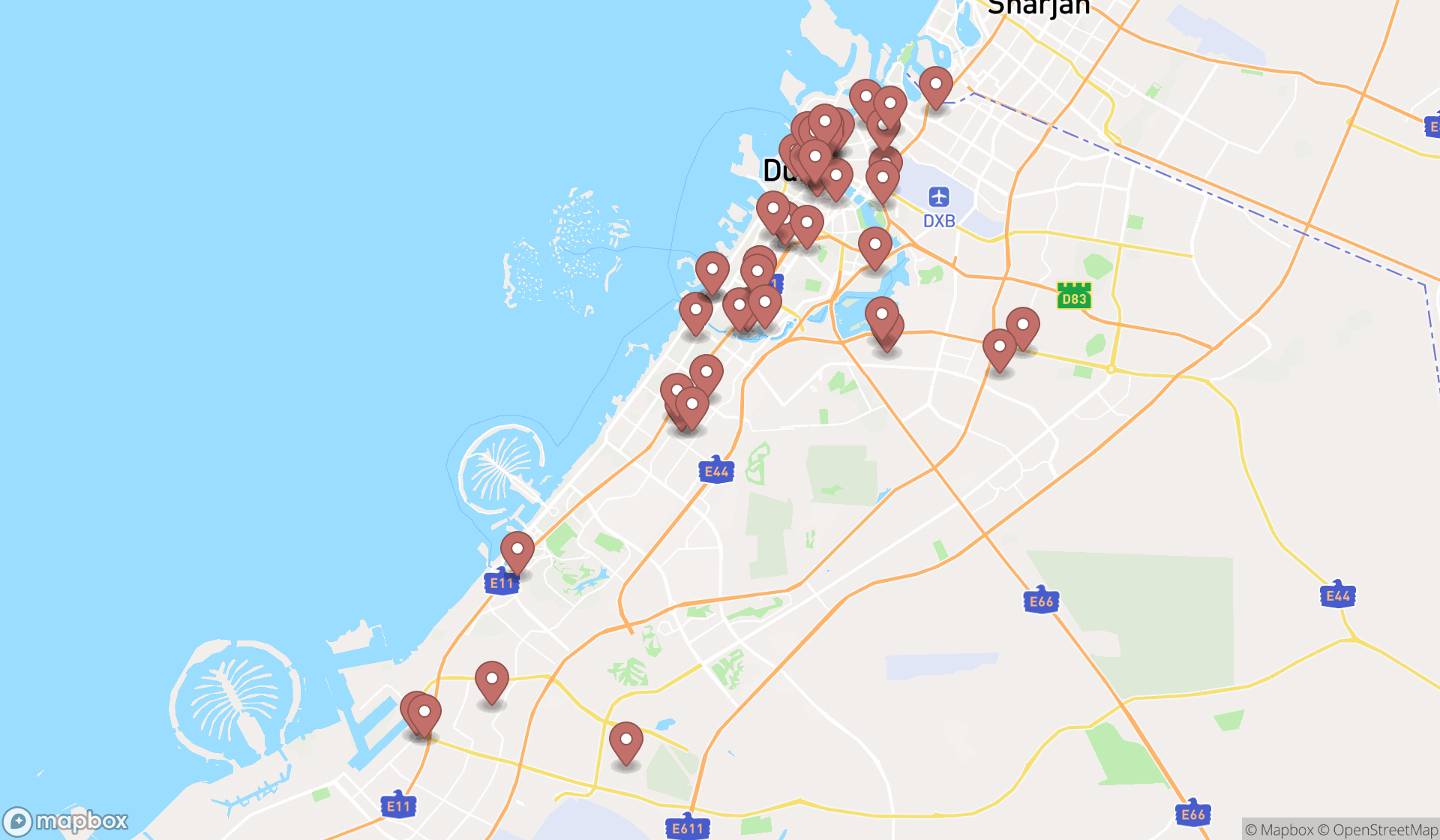 Map showing the search results in Dubai