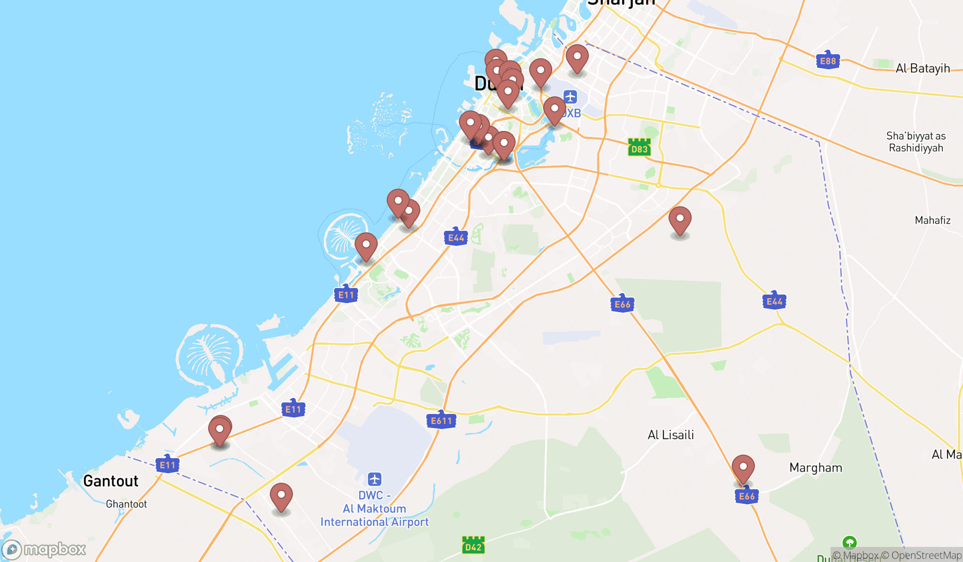 Map showing the search results in Dubai