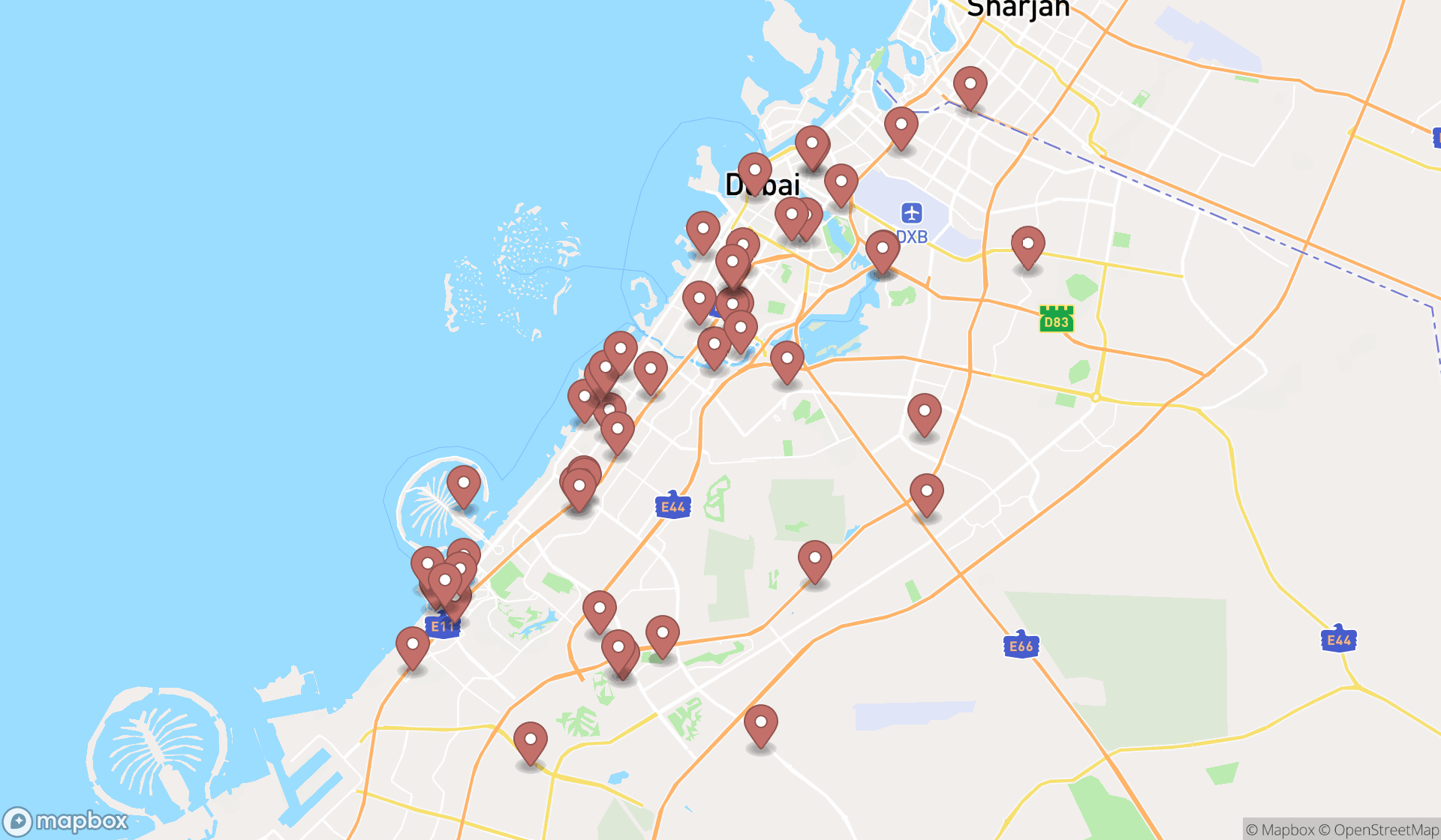 Map showing the search results in Dubai