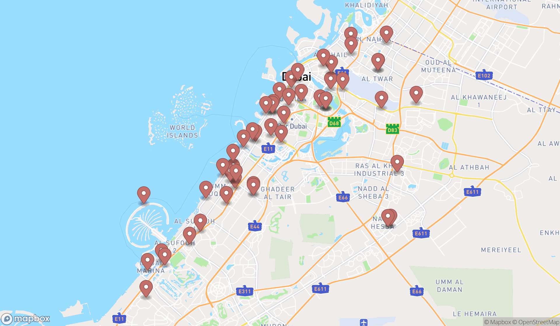 Map showing the search results in Dubai