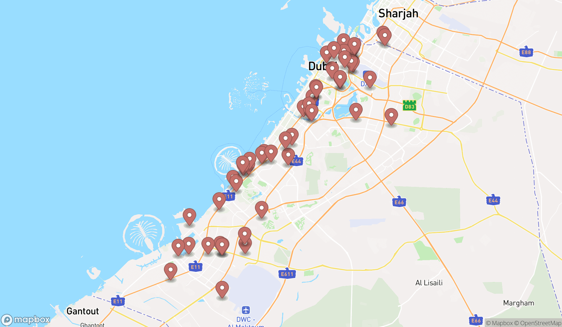 Map showing the search results in Dubai