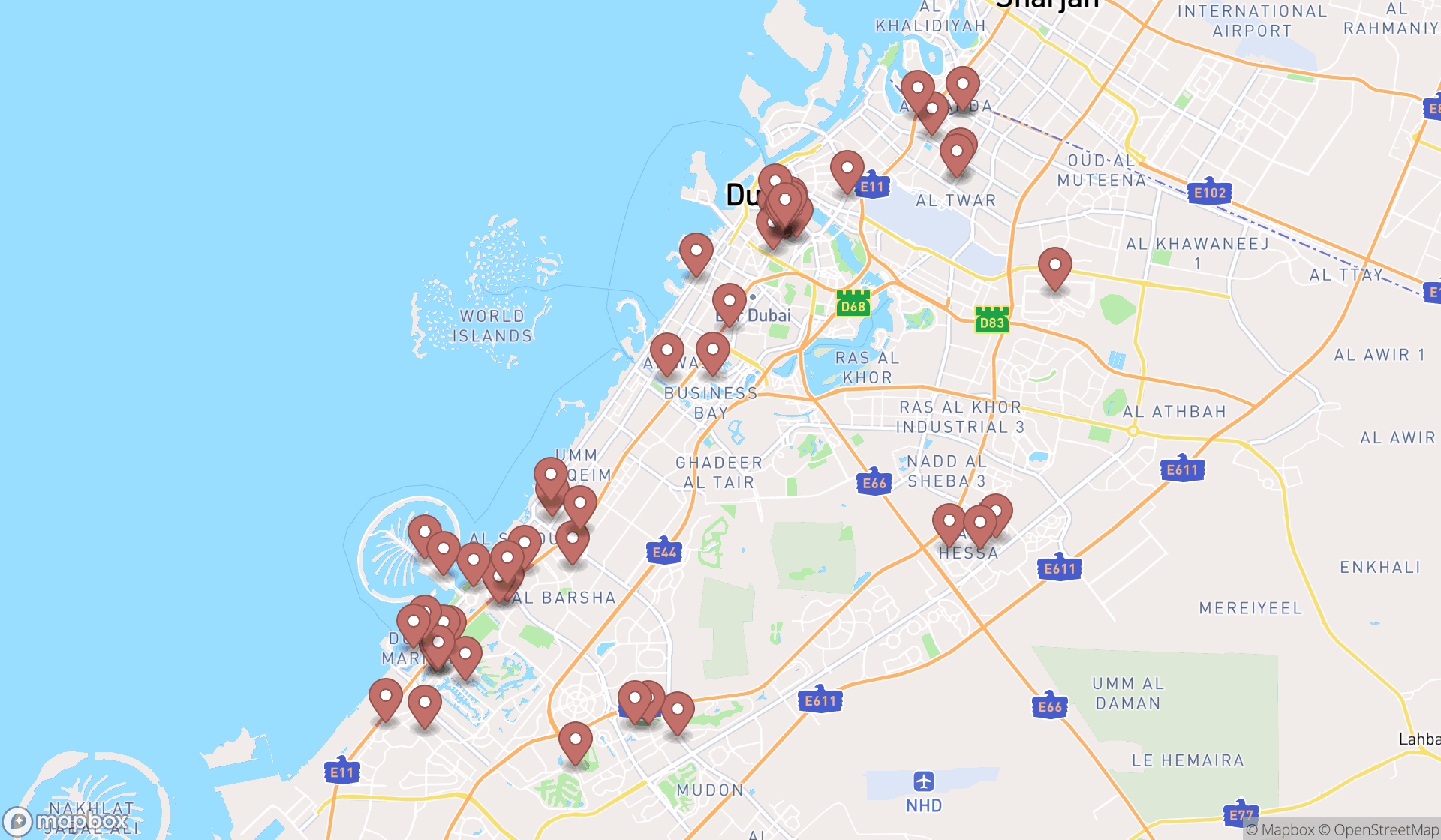 Map showing the search results in Dubai