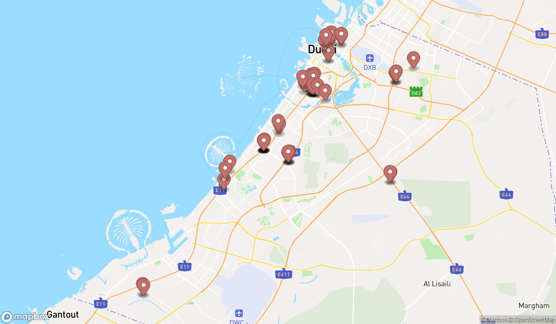 Map showing the search results in Dubai