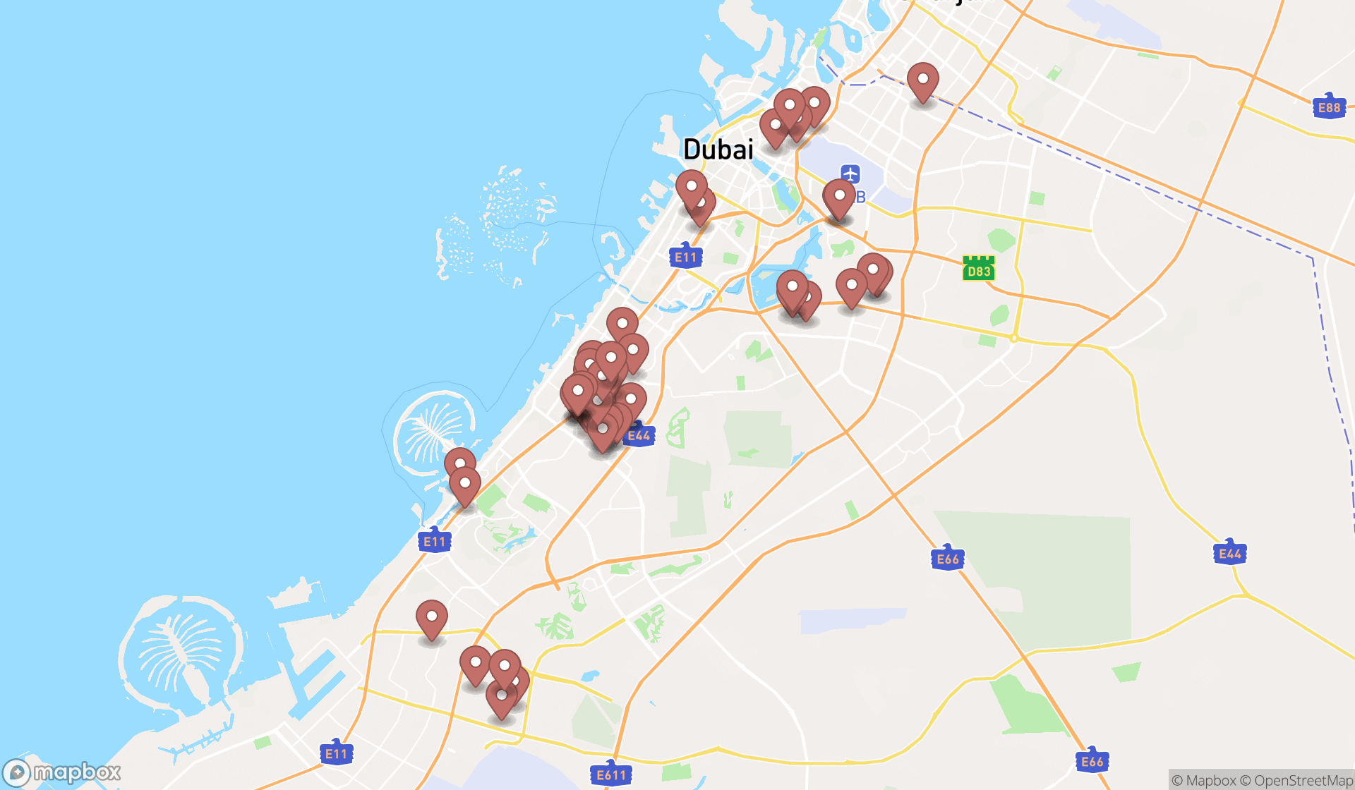 Map showing the search results in Dubai