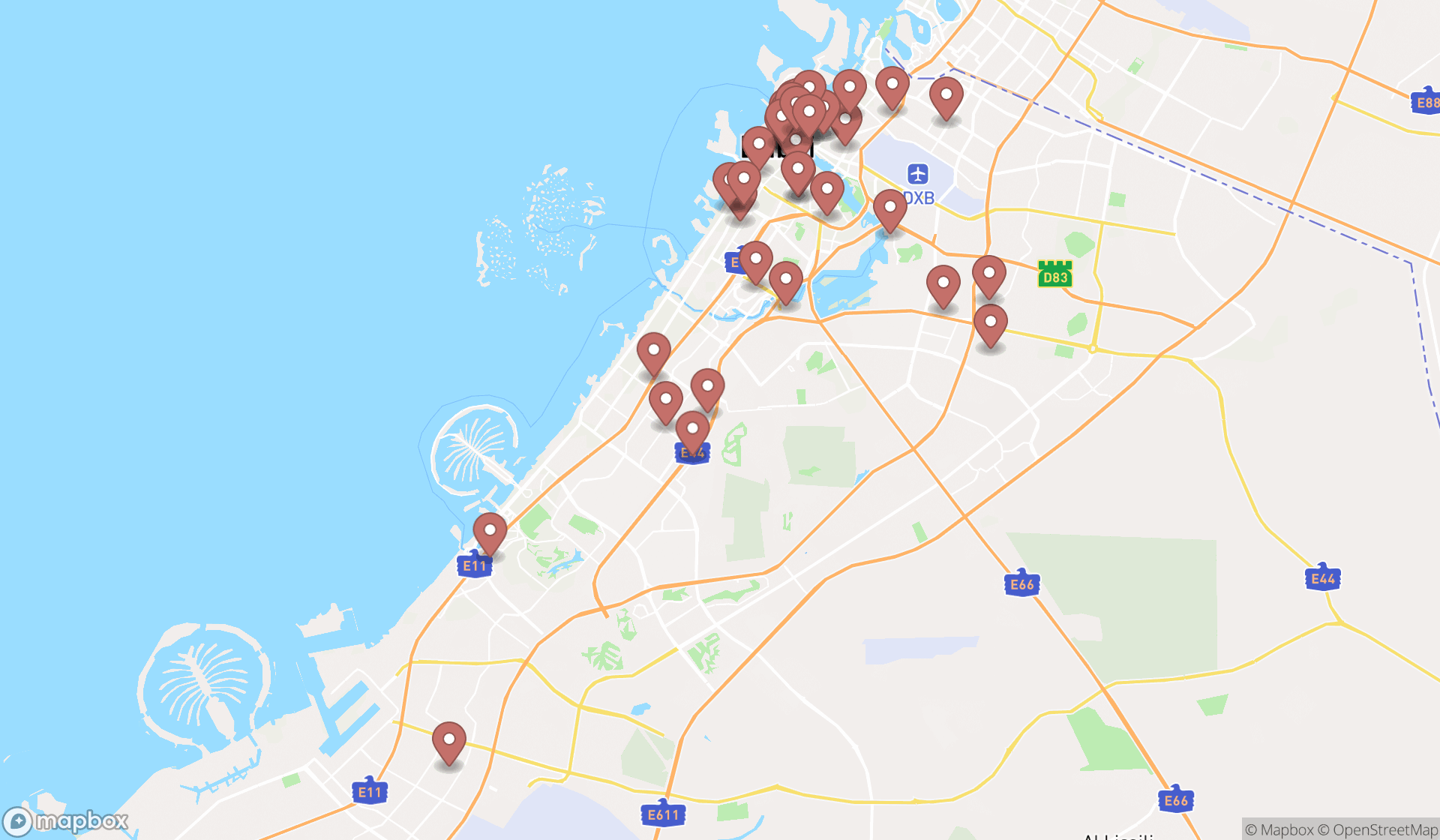 Map showing the search results in Dubai
