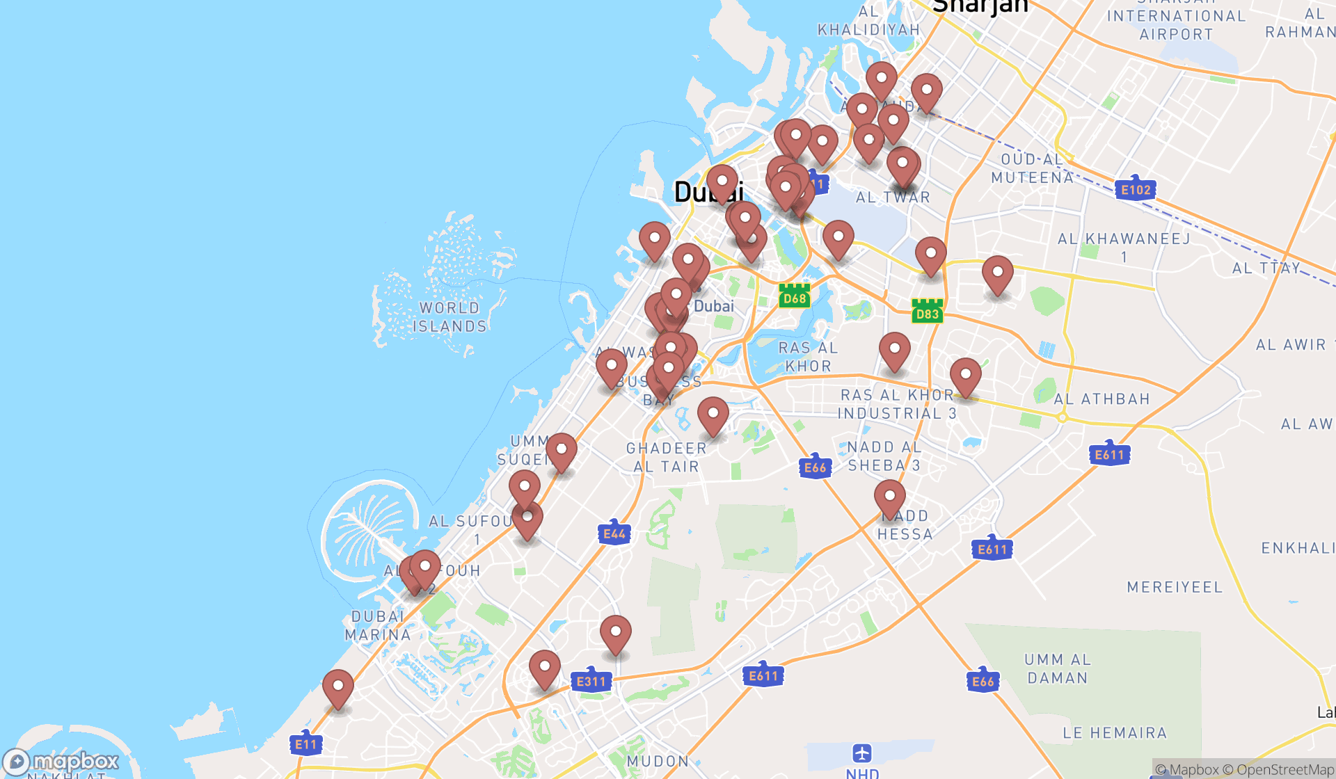 Map showing the search results in Dubai