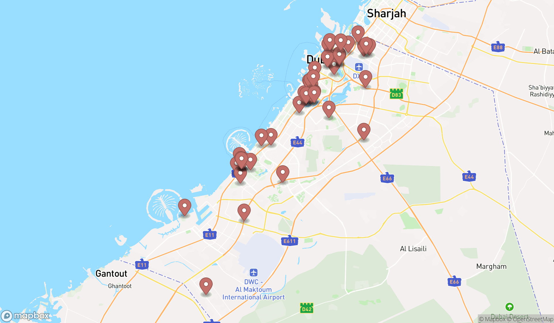 Map showing the search results in Dubai