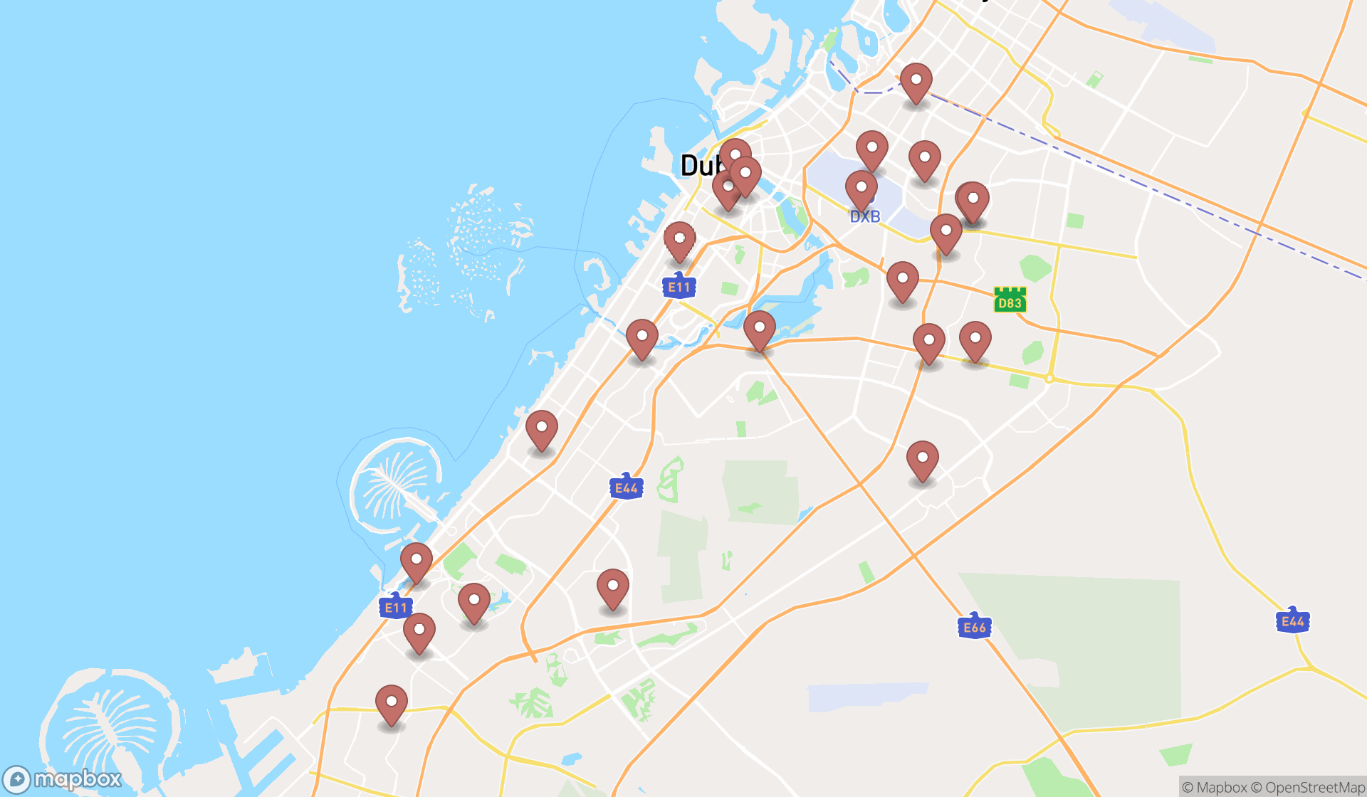 Map showing the search results in Dubai