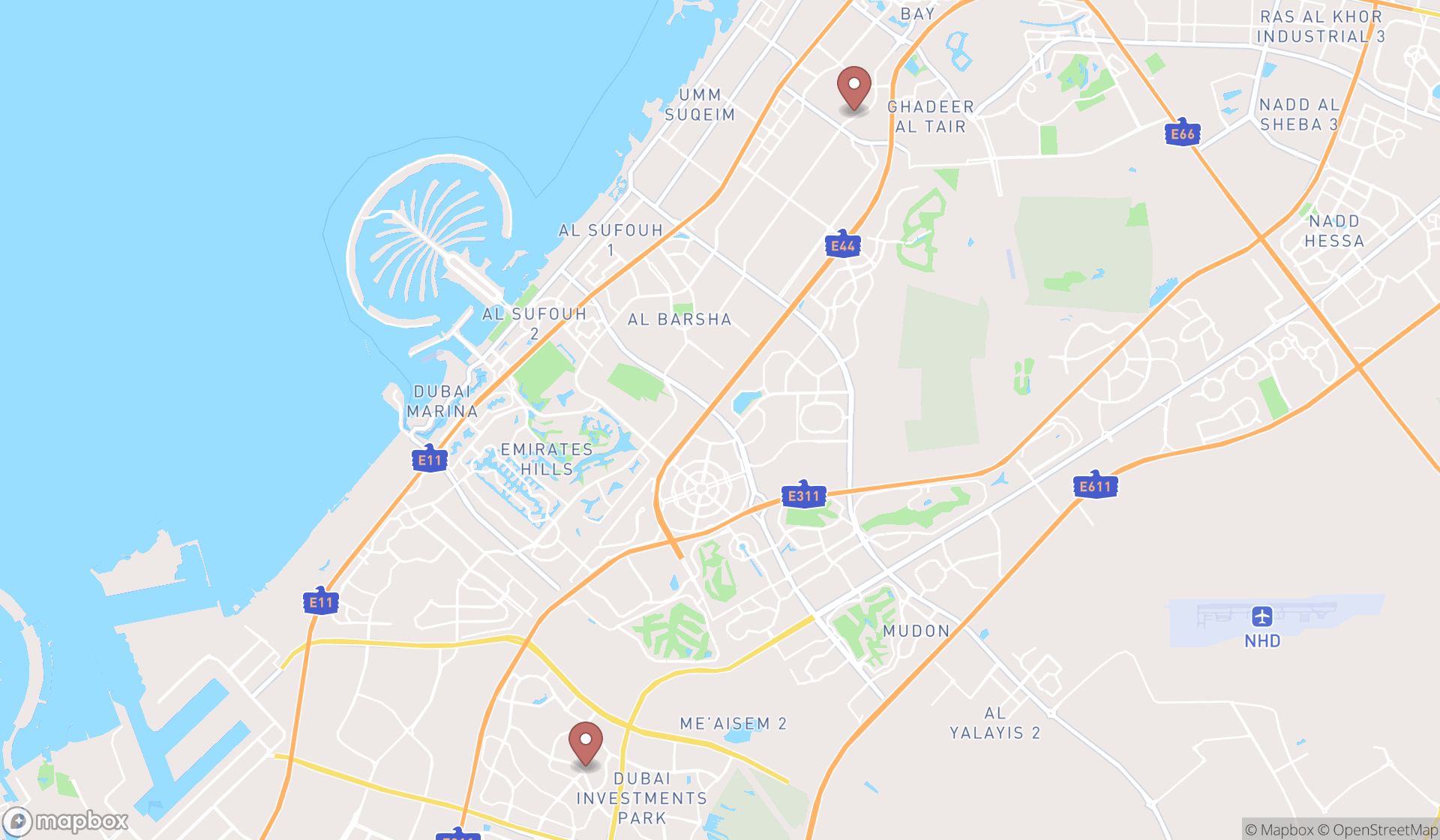 Map showing the search results in Dubai