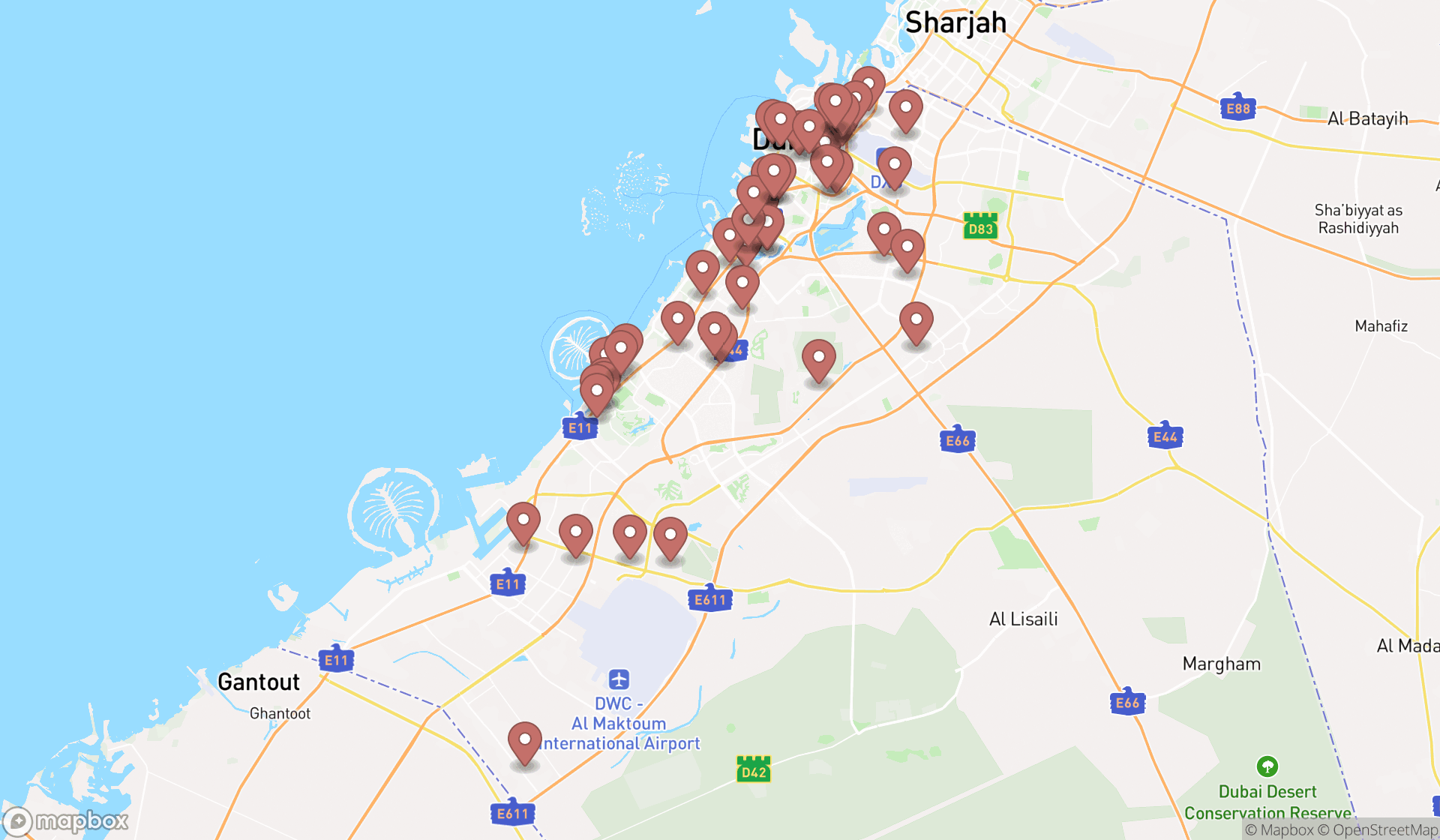 Map showing the search results in Dubai