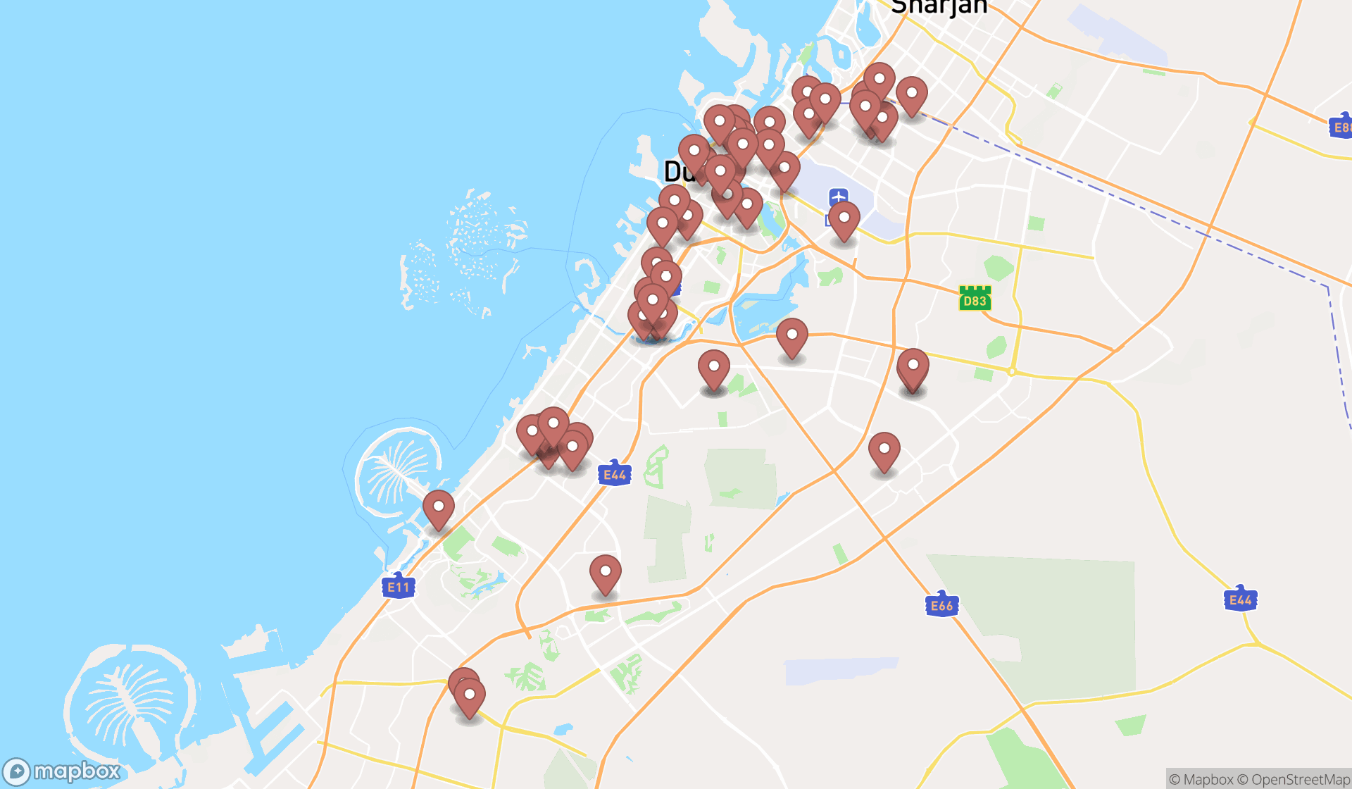 Map showing the search results in Dubai