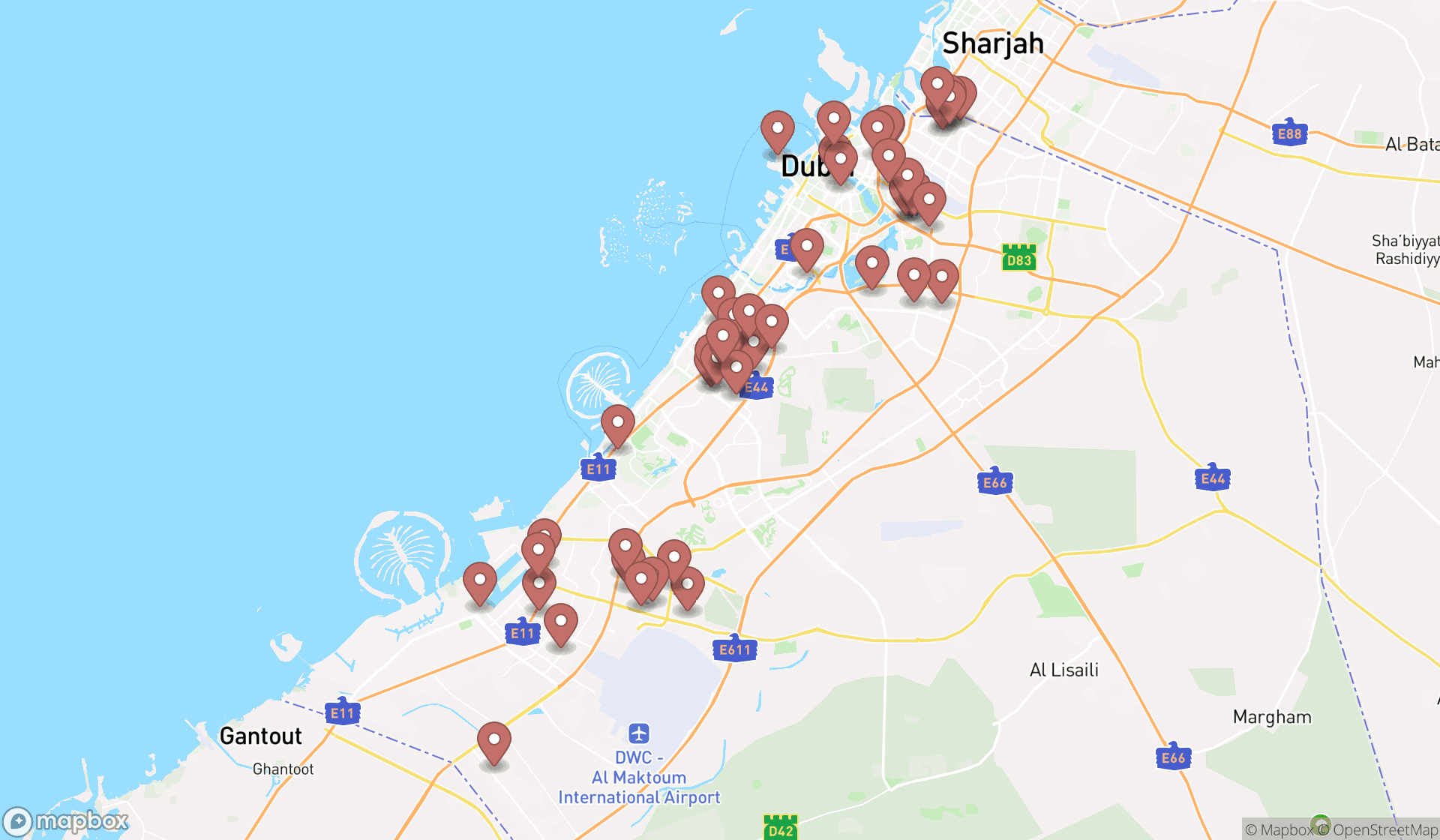 Map showing the search results in Dubai