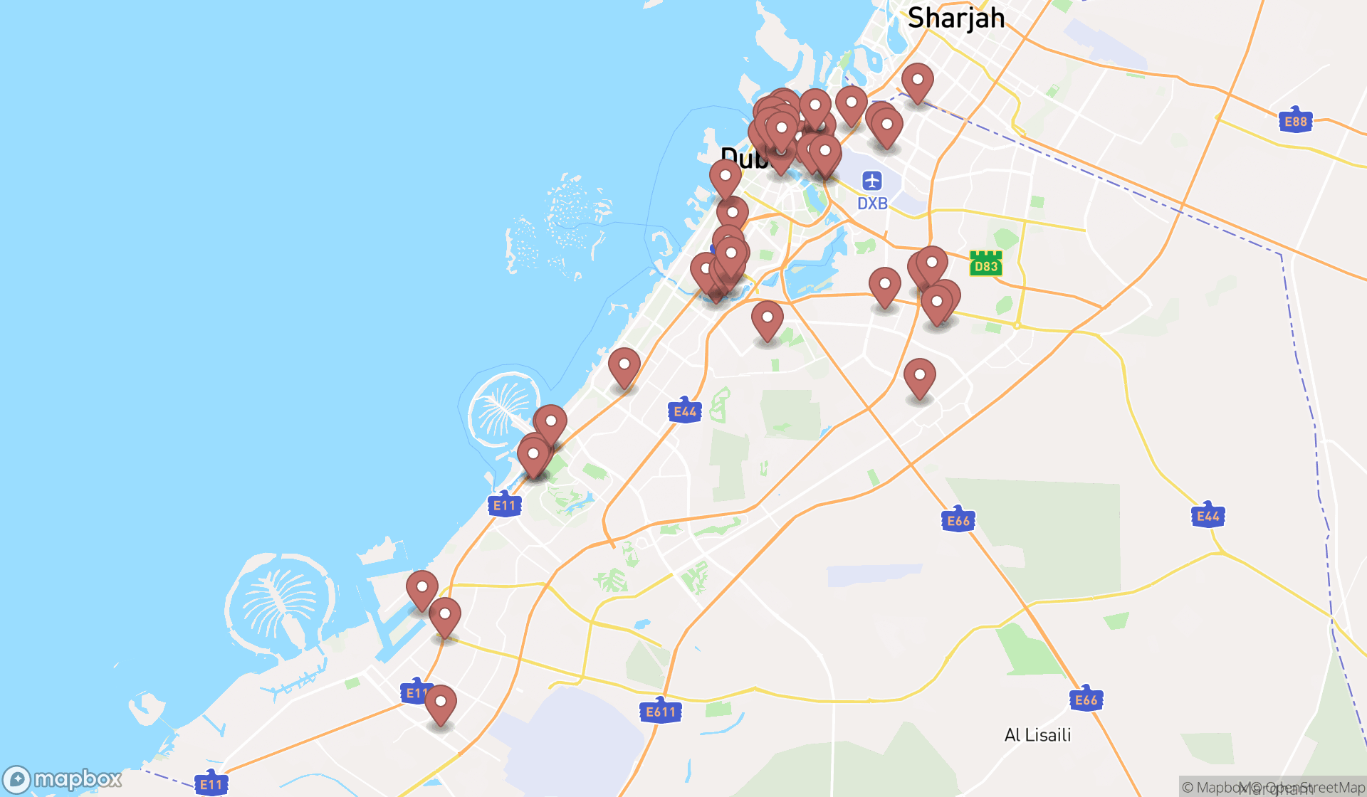 Map showing the search results in Dubai