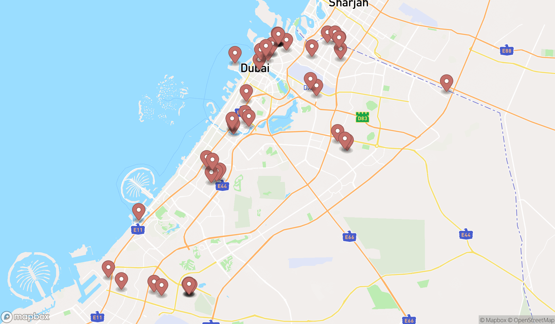 Map showing the search results in Dubai